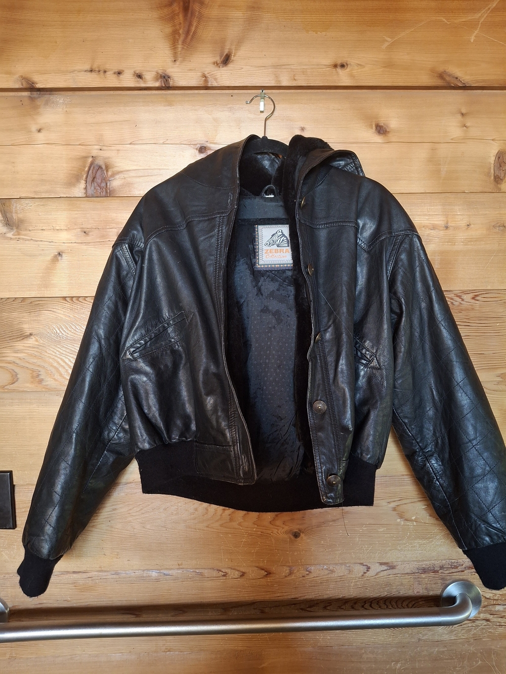 Zebra Collection Black Leather Bomber Jacket with Hooded Lining